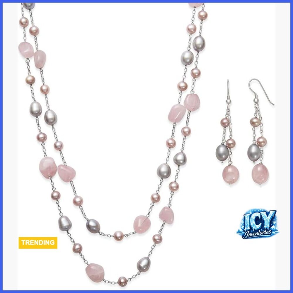 Sterling Silver Multi-Strand Pearl and Quartz Layered Station Necklace Set